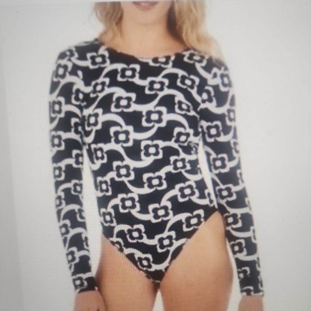 Hurley Black and White Geometric Long Sleeve One Piece Swimsuit Size S